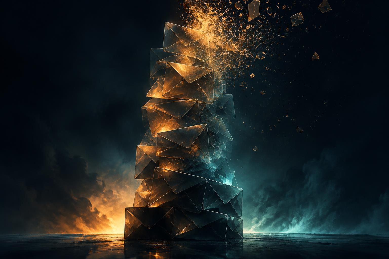 A tall stack of envelopes dissolving into light